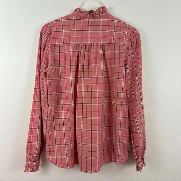LOFT Pink Plaid Ruffle Button Down Blouse Women's Size S - Picture 2 of 5